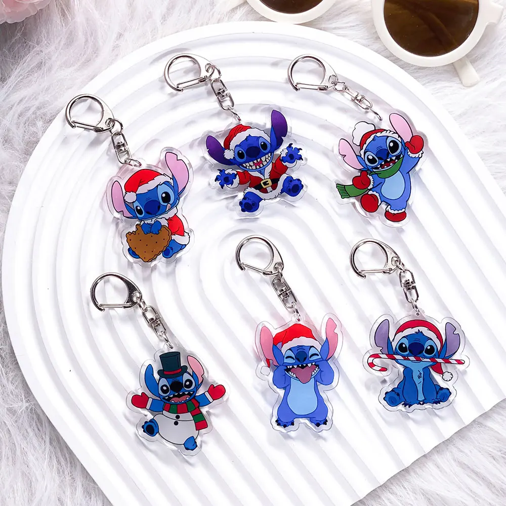 ديزني غرزة عيد الميلاد العصرية سلسلة مفاتيح مصنوعة من الأكريليك اكسسوارات حقيبة سحر لطيف على ظهره قلادة الإبداعية حلقة رئيسية هدايا للأصدقاء