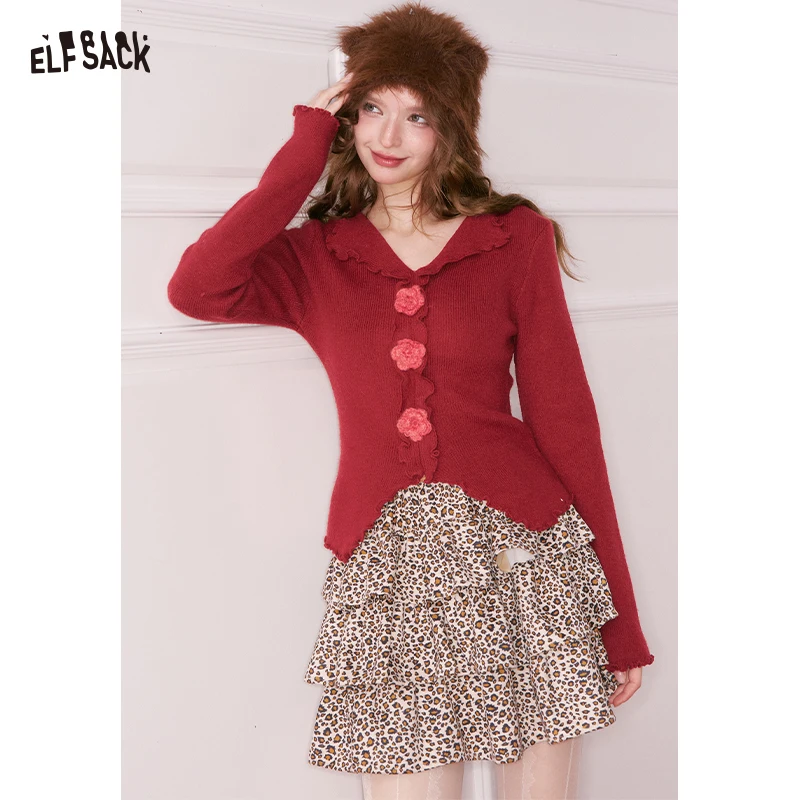 ELFSACK Women's Coquette Knit Cardigan with 3D Flower Buttons, Ruffled V‑Neck Long Sleeve Sweater for Autumn Daily Outfit