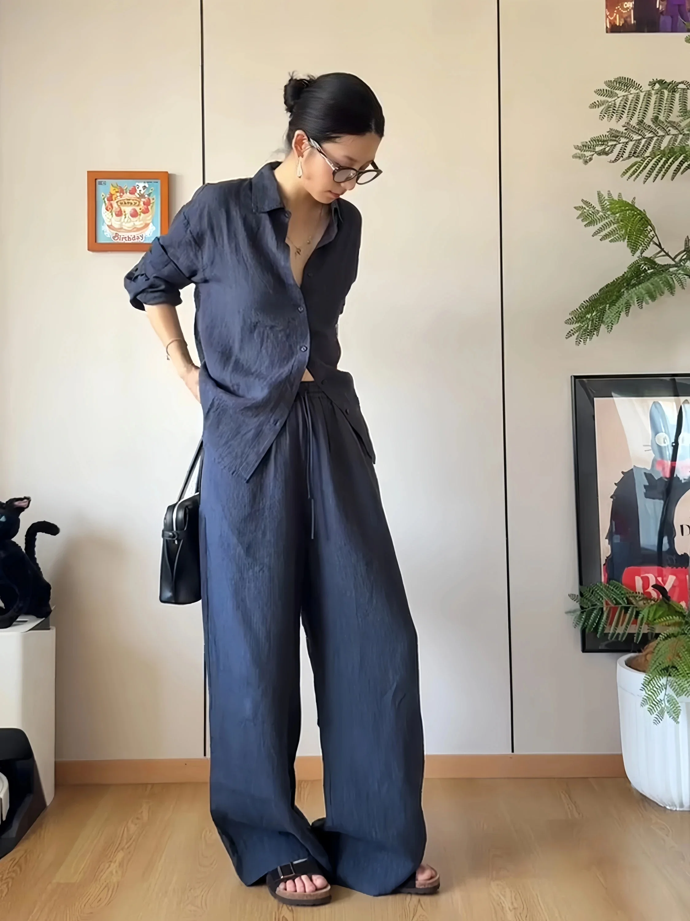 Retro Linen Shirt Set Women Summer Loose Slim Long Sleeve High Waist Casual Pants Two Piece Set Commute Style Casual Wear