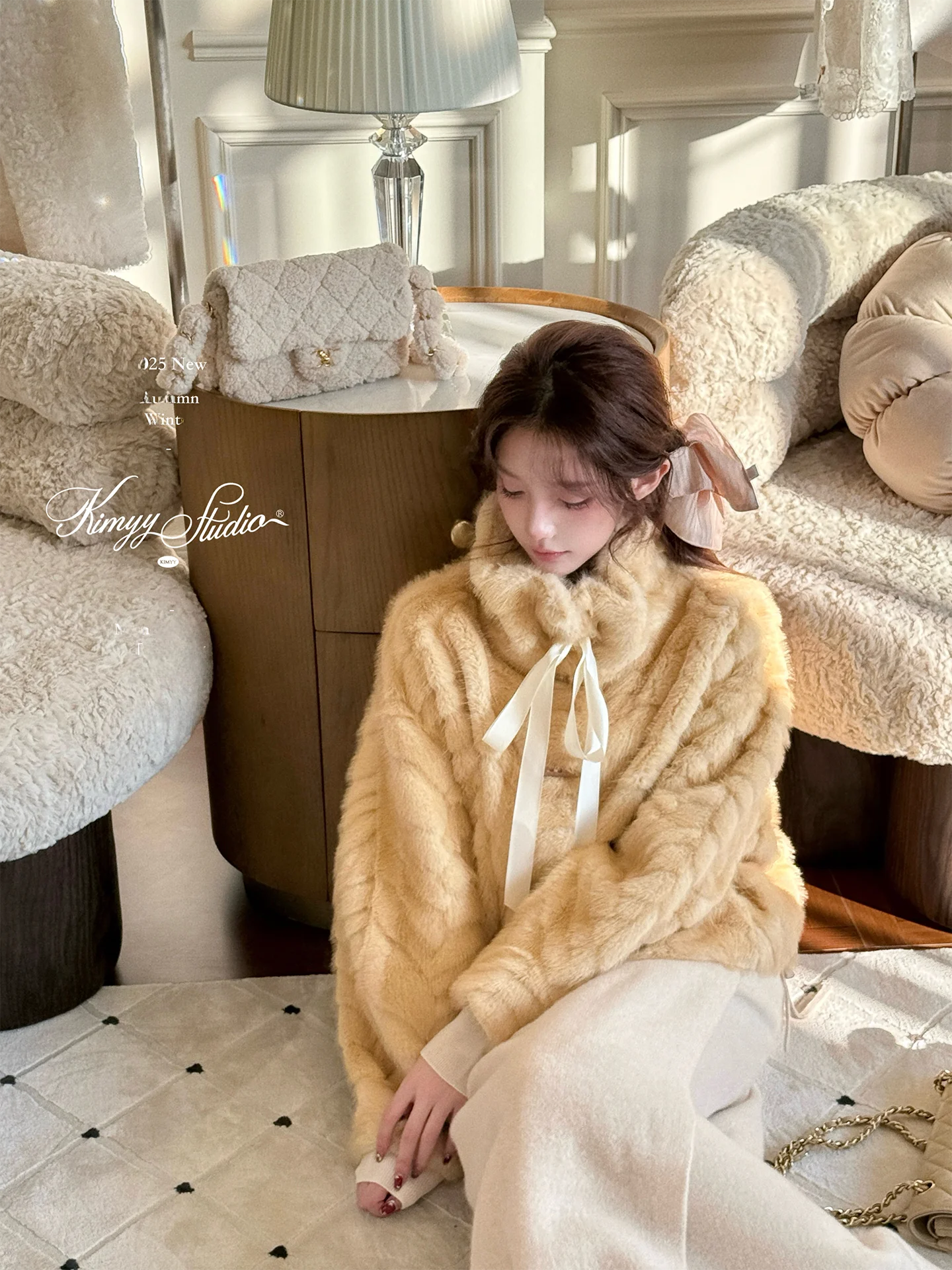 

KIMYY Gold Short Soft Plush Fur Coat Winter Knot Stand Collar Long Sleeve Loose Fit Vintage Style Women's Jacket