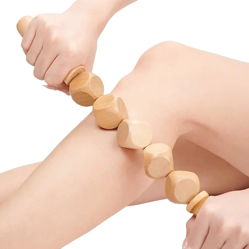 Natural Wood Massage Stick Handheld Wooden Muscle Roller Tool Multi Facet Wheel Massager for Leg Calf Thigh Arm Back