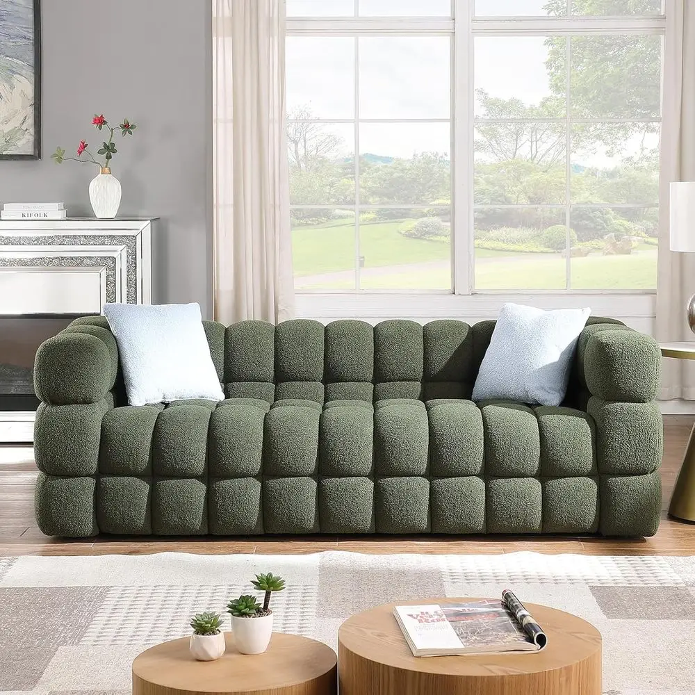 

86-inch Cloud-Soft Boucle 3-Seater Sofa with Solid Wood Legs and 2 Cushions, Modern Living Room Furniture