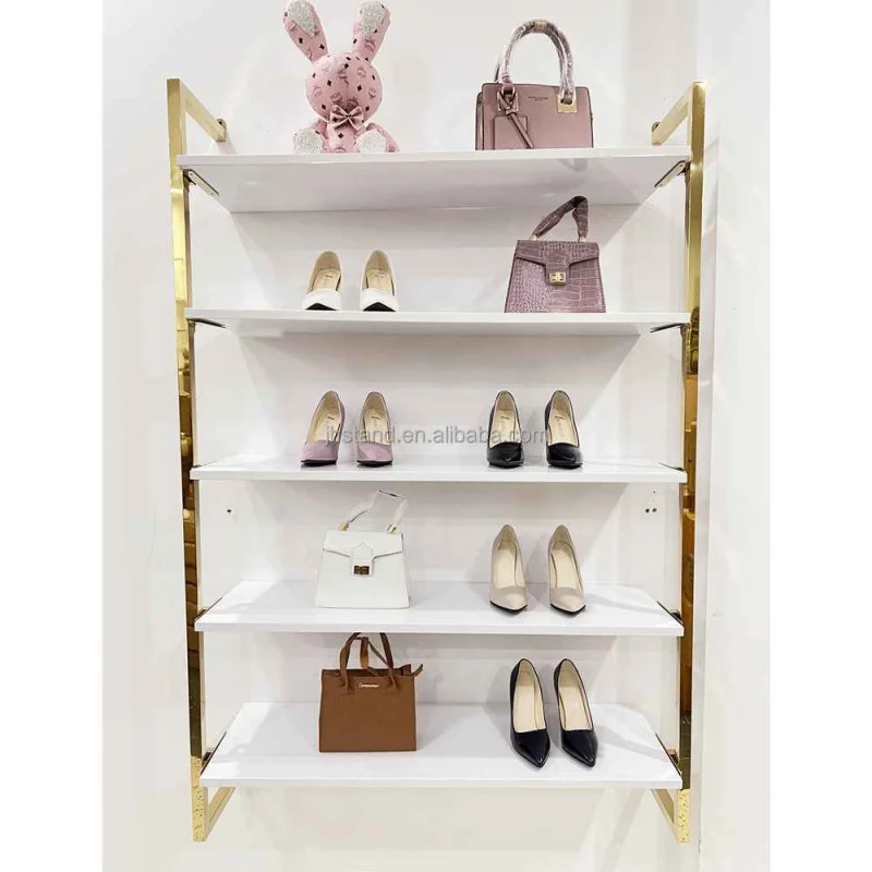 

Customized. OEM Shop Decoration European Stainless Steel Window 4 Tiers Wall Shoe Display Rack Shoe Bag Store