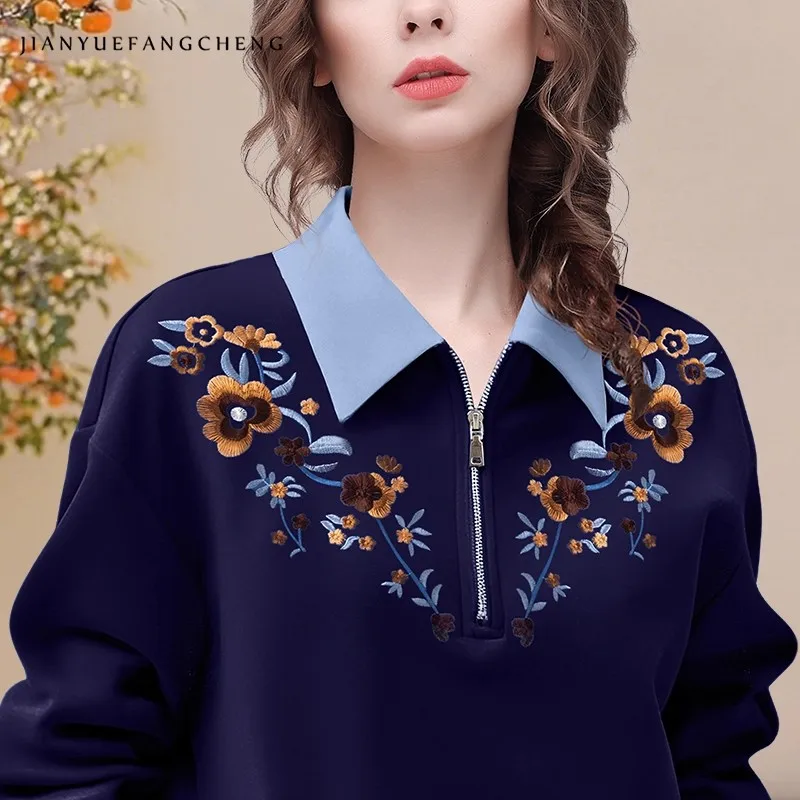 Ladies' Floral Embroidered Sweatshirt Long Sleeve Polo Neck Pullovers Top Loose-fitting Vintage Fall Fleece Sweatshirts