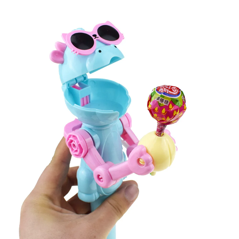 Novelty Funny Cartoon Cute Dinosaur Eat Lollipop Robot Toy Model Creative Storage Candy Toy Prank Retractable Candy Robot Toys