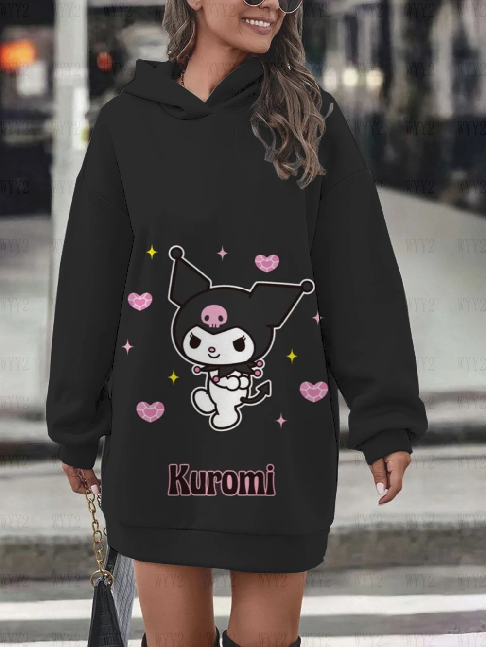 Women Fashion Trend Street Kuromi Sweater Dress Casual Print Long Sleeve Hoodie Dress Casual Clothing Warm Women Sweater