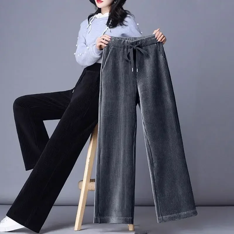 

Winter Velvet Wide Leg Pants Women New Baggy Thicken Lace Up Straight Sweatpants Plush Liend Warm Pantalones High Wasit Spodnie