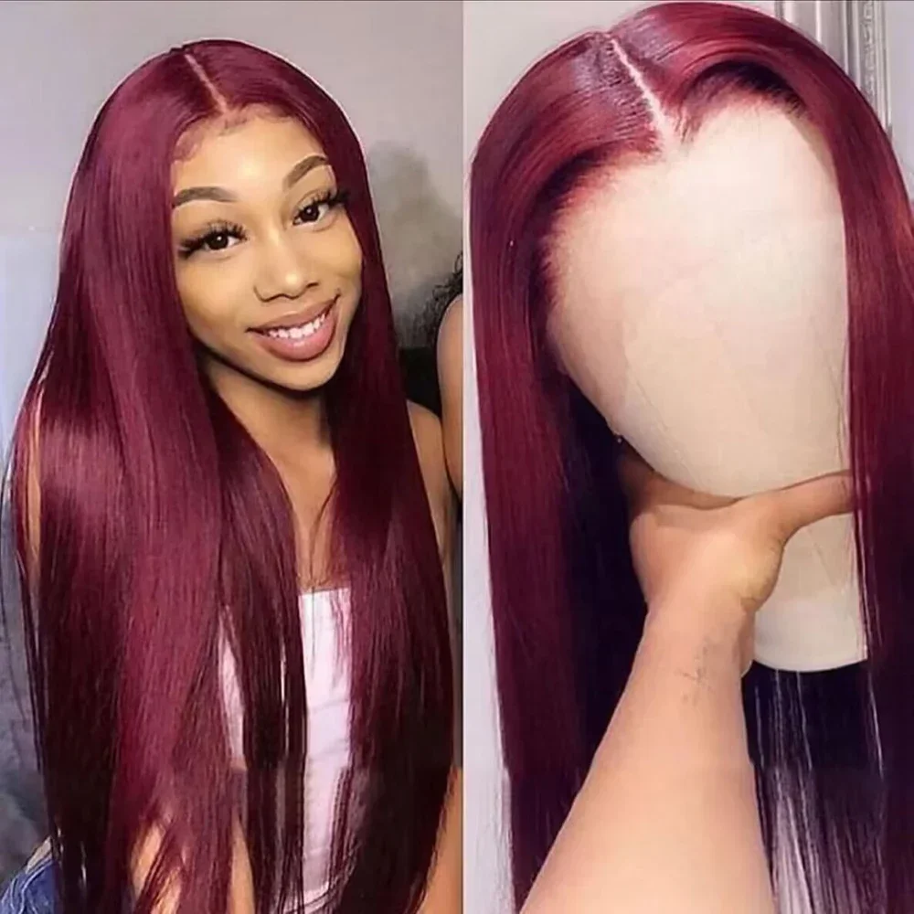 Perruque Lace Front Wig naturelle brésilienne lisse, rouge bordeaux 99J, 13x4, densité 200%, pour femmes