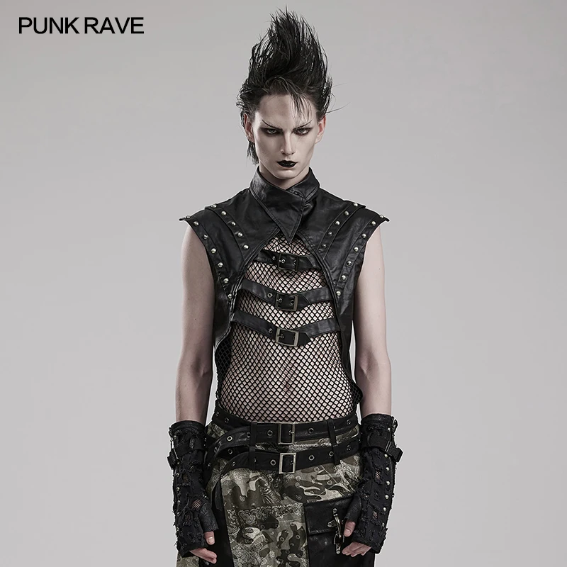 PUNK RAVE Men's Punk Vest, Black Cotton PU Elastane Mesh Sleeveless Rivet Buckle Gothic Top WT824