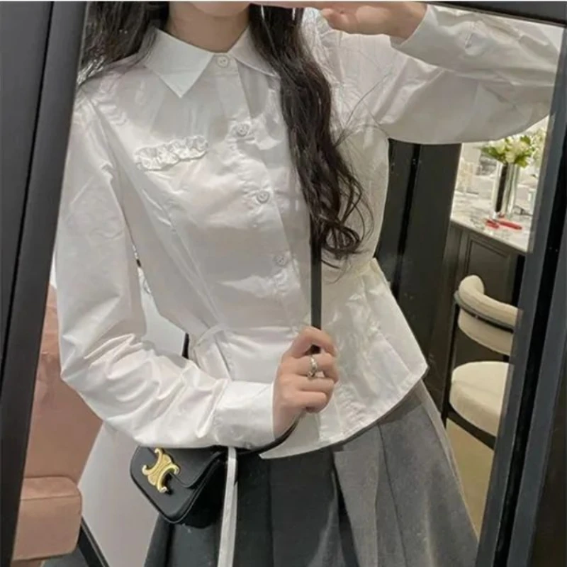 Long Sleeve Shirts Women Preppy Style Lace-up Solid Casual Tops Blouse Mujer Spring and Summer Flattering Waist Bow Loose Chic