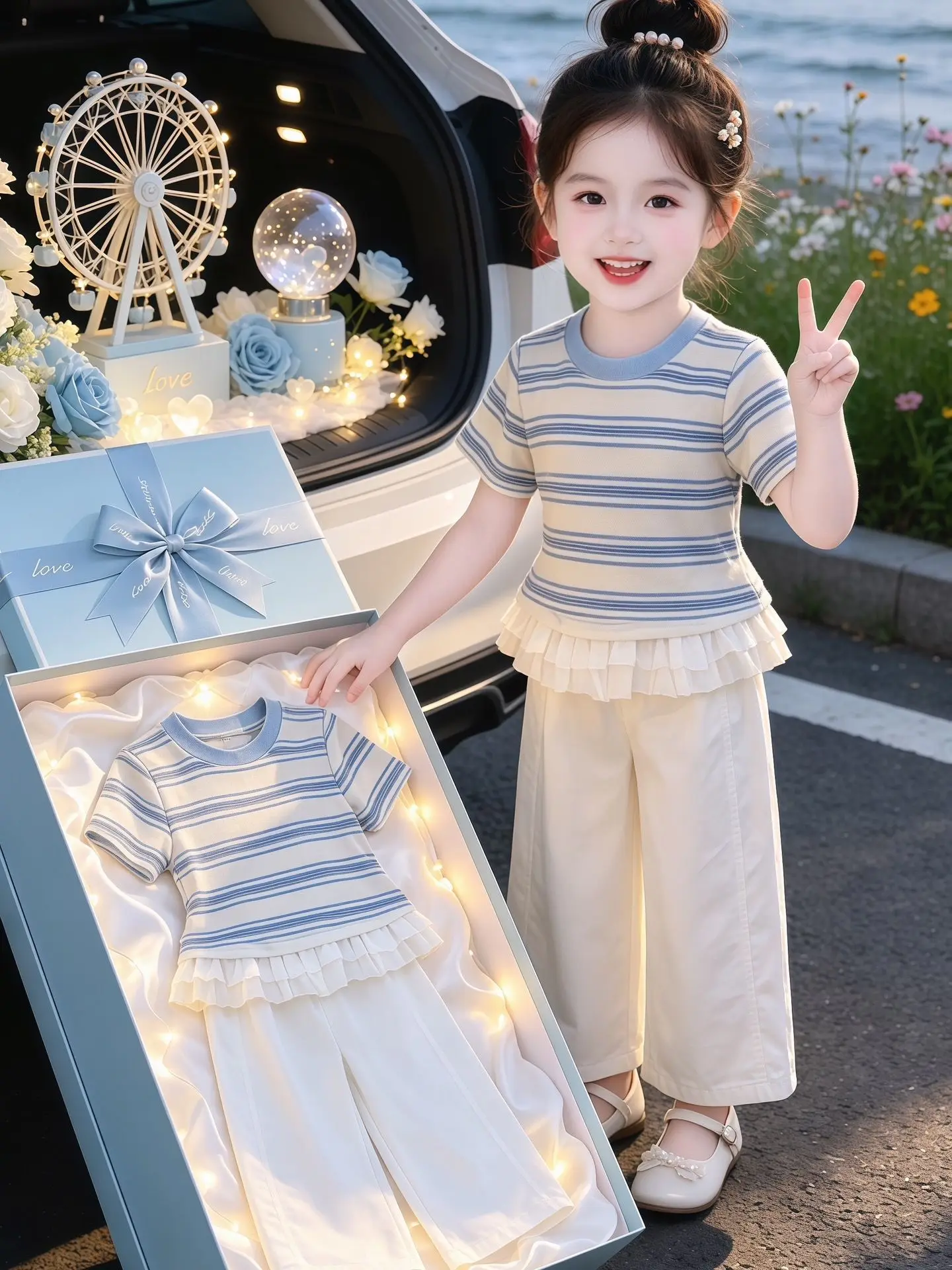 girls'-korean-style-striped-short-sleeve-ruffle-trimmed-top-and-straight-leg-pants-set-summer-fashionable-two-piece-suit