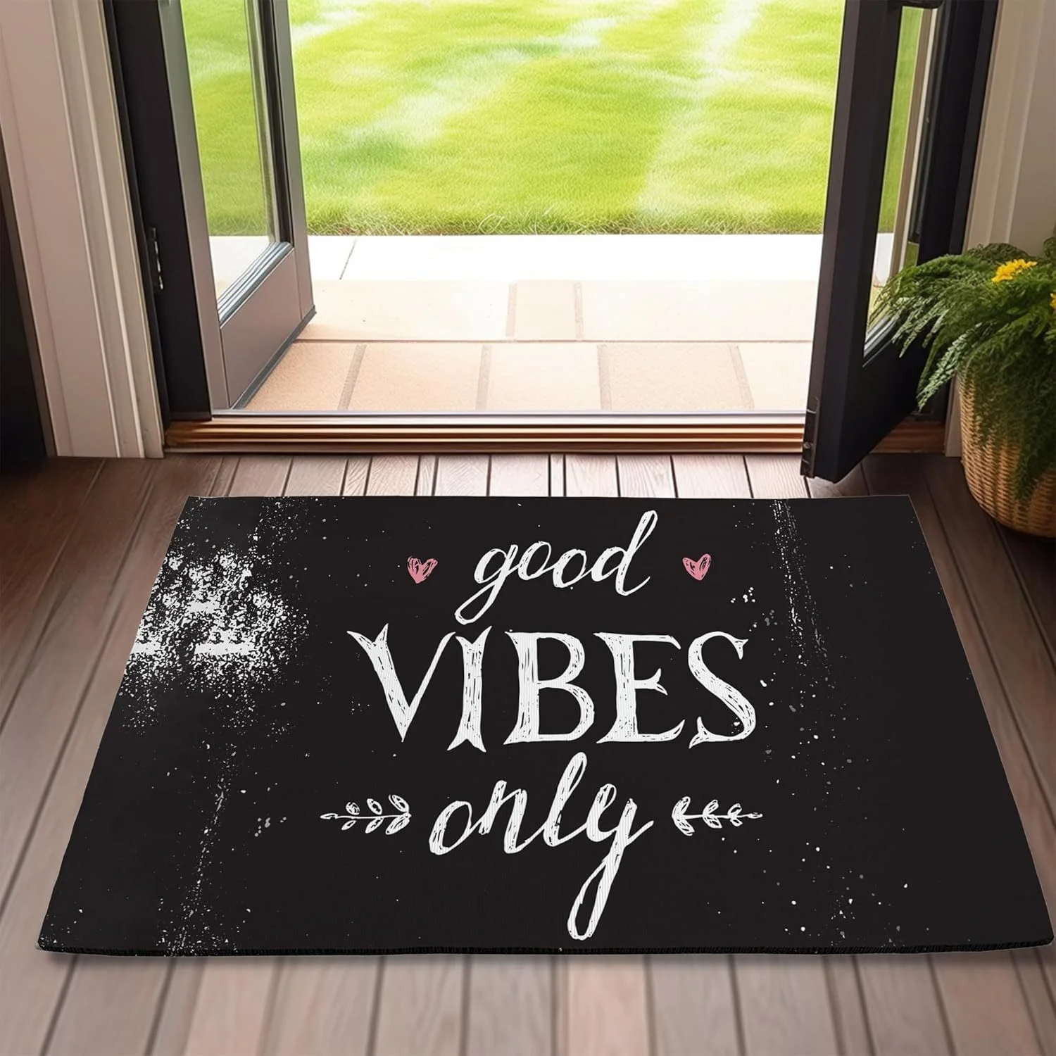 Tapete de entrada com slogan preto e branco da VIKAMA Good Vibes Only, tapete de entrada retrô americano, resistente à sujeira, tapete para hall de entrada