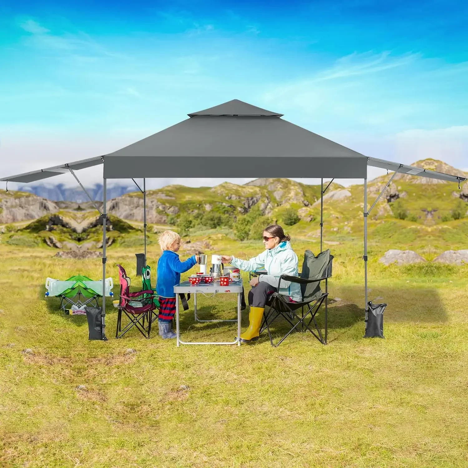 Imagem -02 - Pop up Canopy com Toldos Duplos Ajustáveis Outdoor Canopy Tent Níveis com Estacas Cordas Bolsas de Areia 10x176 Pés