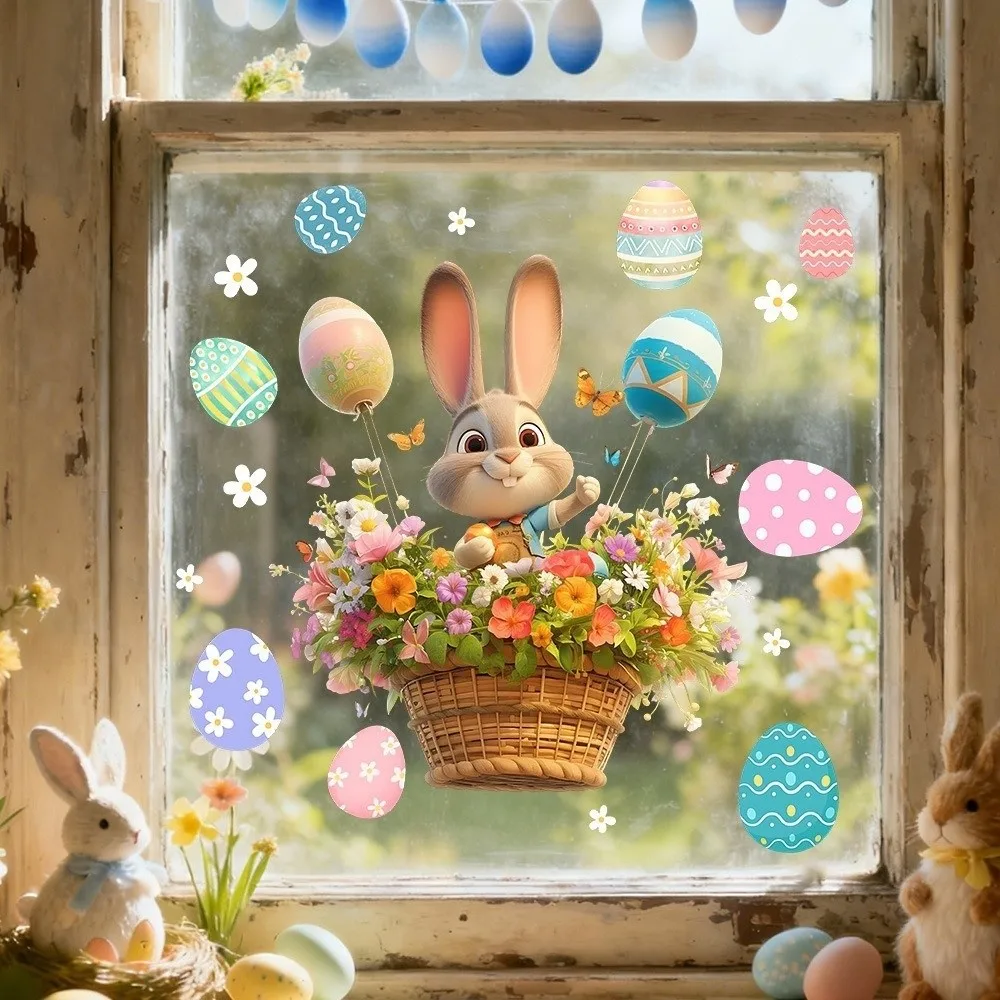 New Easter Flower Rabbit Sticker Self-Adhesive PVC Festival Party Sticker Waterproof Removable Wall Decal Glass Decoration