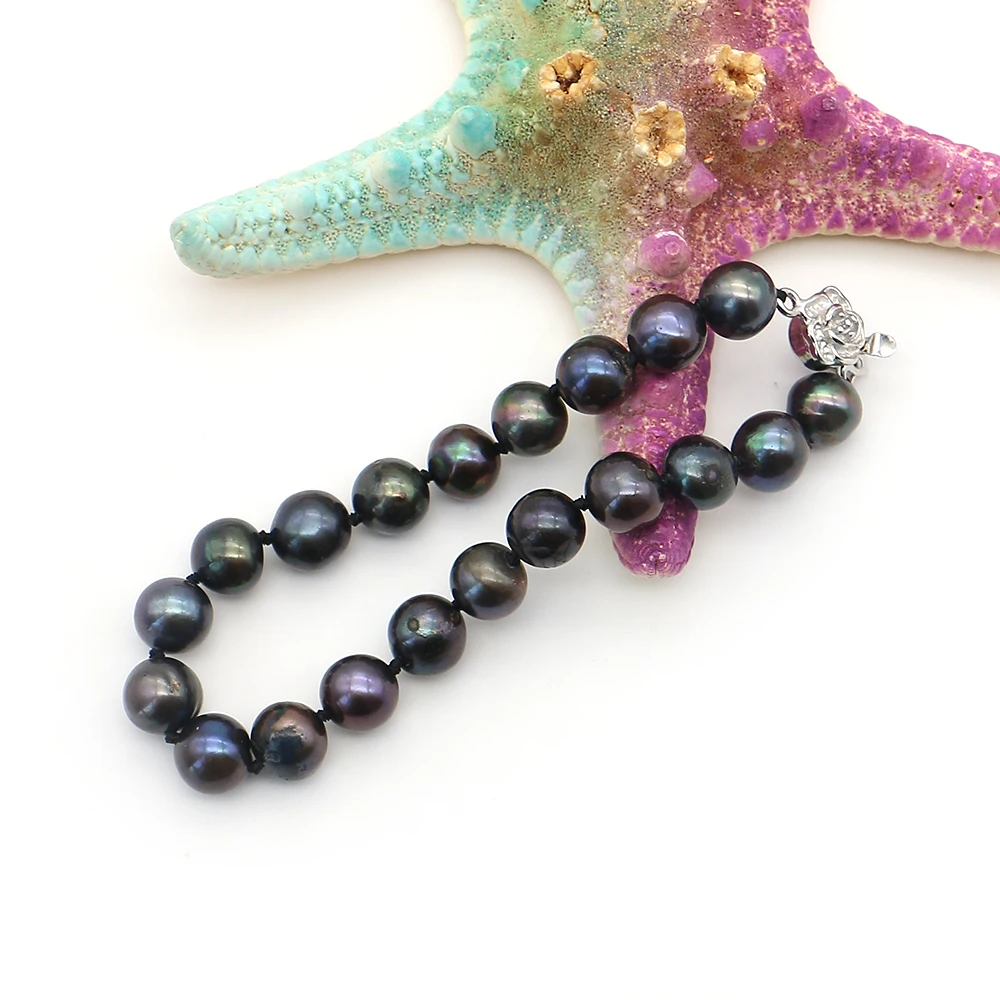 8-9mm Round Dyed Freshwater Pearl Spacer Bead Bracelet Flower Shape Clasp Design Dark-style Pearl Jewelry ‌For Easy To Wear‌