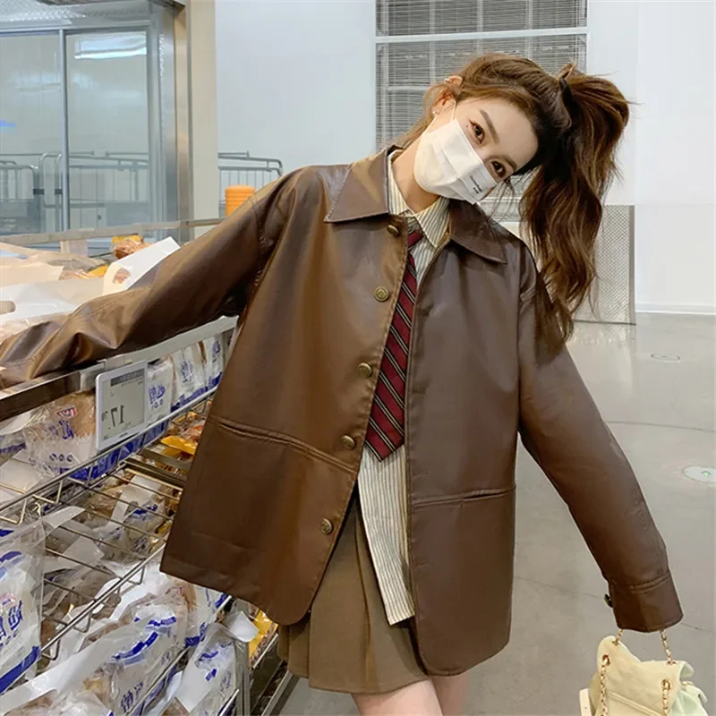 Korean Vintage Brown Faux Leather Coat Women Loose Casual Lapel Single-Breasted Long Sleeve Spring Autumn Female Pu Biker Jacket