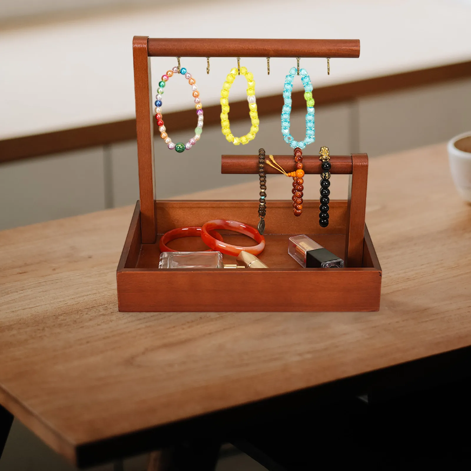 Wooden Bracelet Holder Stand Watch Display Rack Jewelry Organizer for Rings Bangles Keychains Retro Style Sturdy Desktop Home
