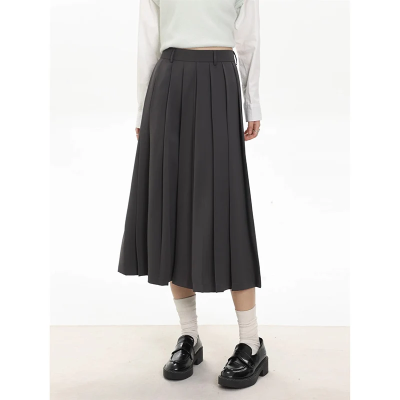 

Grey Pleated Skirt for Women 2023 New Autumn Preppy Style High Waist A Line Mid-length Skirts Vintage Casual Female Skirt