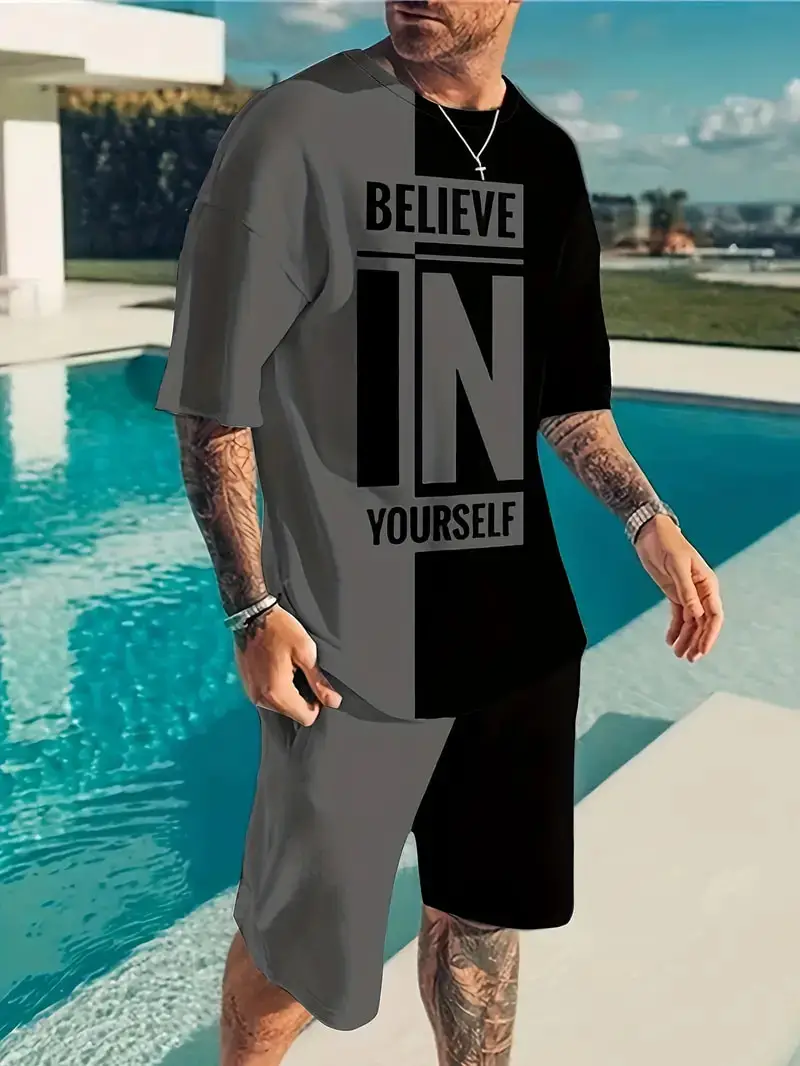 3D Believe In Yourself Bedrucktes T-Shirt + Shorts 2PCS Outfits Sommer Herren Casual Sportanzug Mode Strand Kurzarm T-Shirt Set