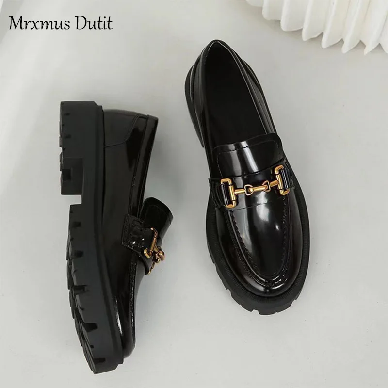 Mrxmus Dutit 2022 New Women Genuine Leather Round Head Thick Loafer Shallow Black Wild Casual Simple Slip-on Shoes Female Chic