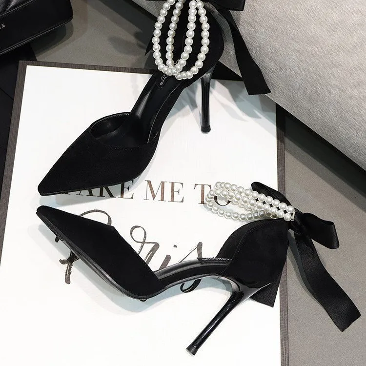 Women's Fashion Bow Sandals Summer Black Simulation Pearls Shoes Sexy Pointed Stiletto Party Office High Heels Zapatos De Fiesta - view 2