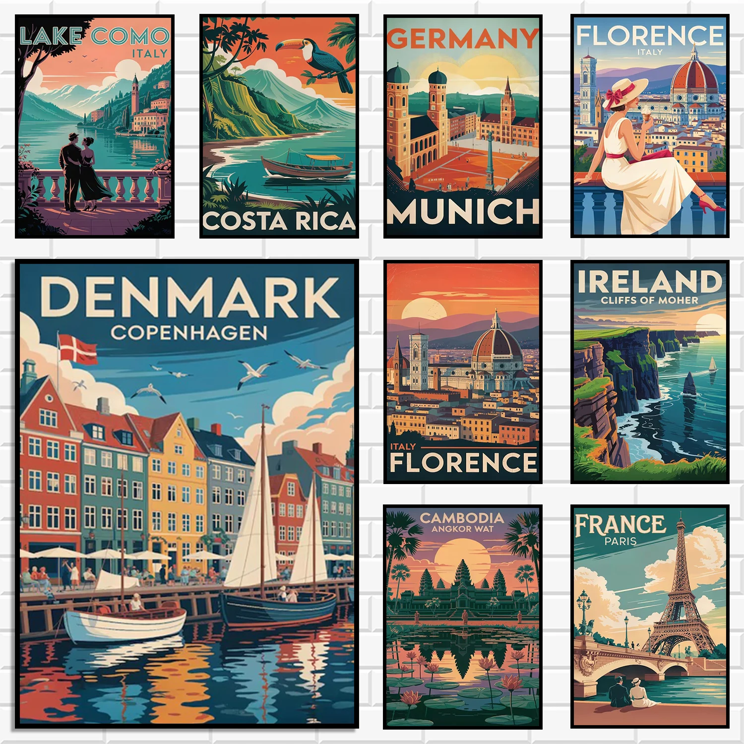 Mid Century Retro International Travel Wall Print Bundle Color Illustrated Tropical Coast Cityscape Canvas Poster Set Home Decor