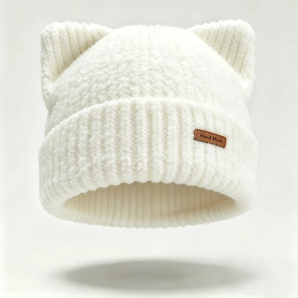 Aesthetic Maillard Solid Color Cat Ear Beanie Soft Warm Windproof Ribbed Knit Cap Cat Ear Beanie Cap Winter Season