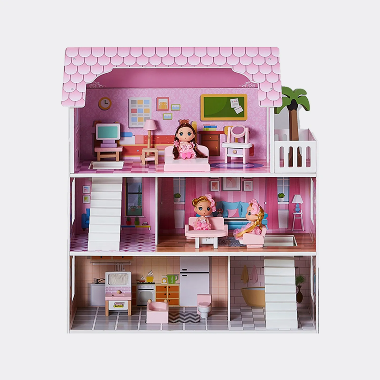 3-stöckiges Puppenhaus-Spielset aus Holz mit Möbeln, mehrere Räume für Mädchen, Kinder, Puppenhaus, Rollenspielspielzeug, Rosa