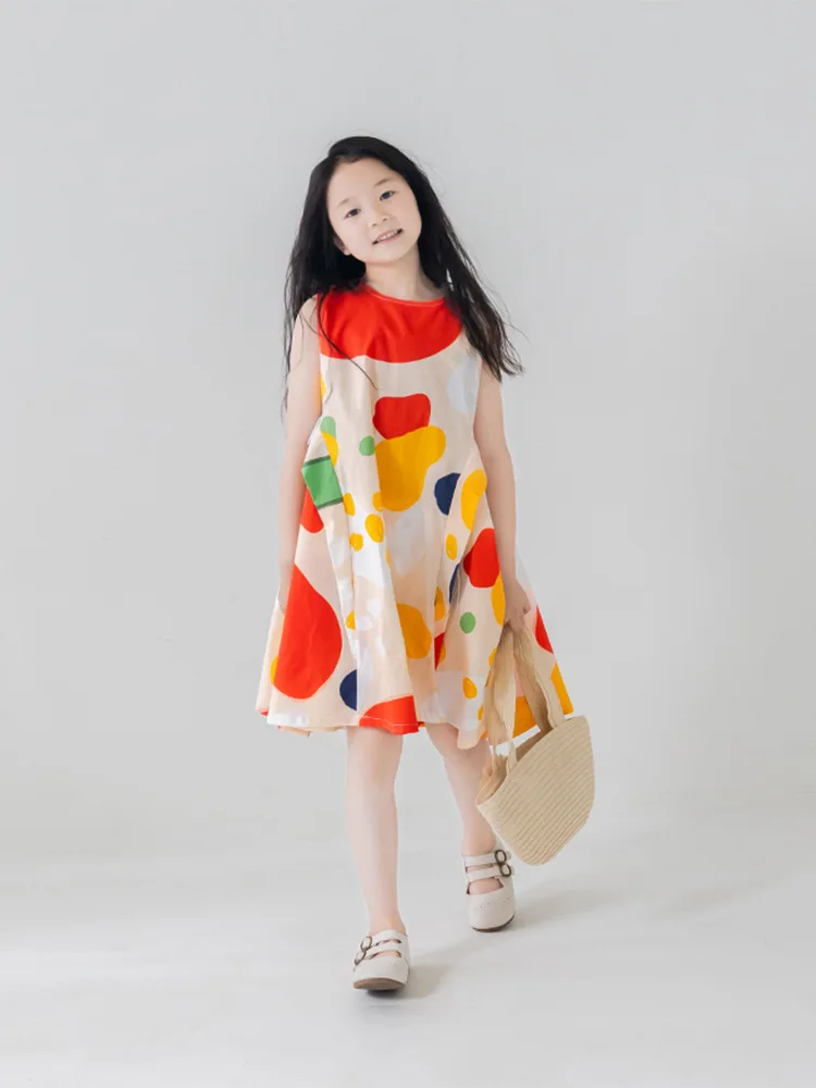 4 To 14 Years , Little Girls Print Dress Summer Cotton 2024 New Dresses Girl Sleeveless Dress For Teenage Kids Clothing A Line