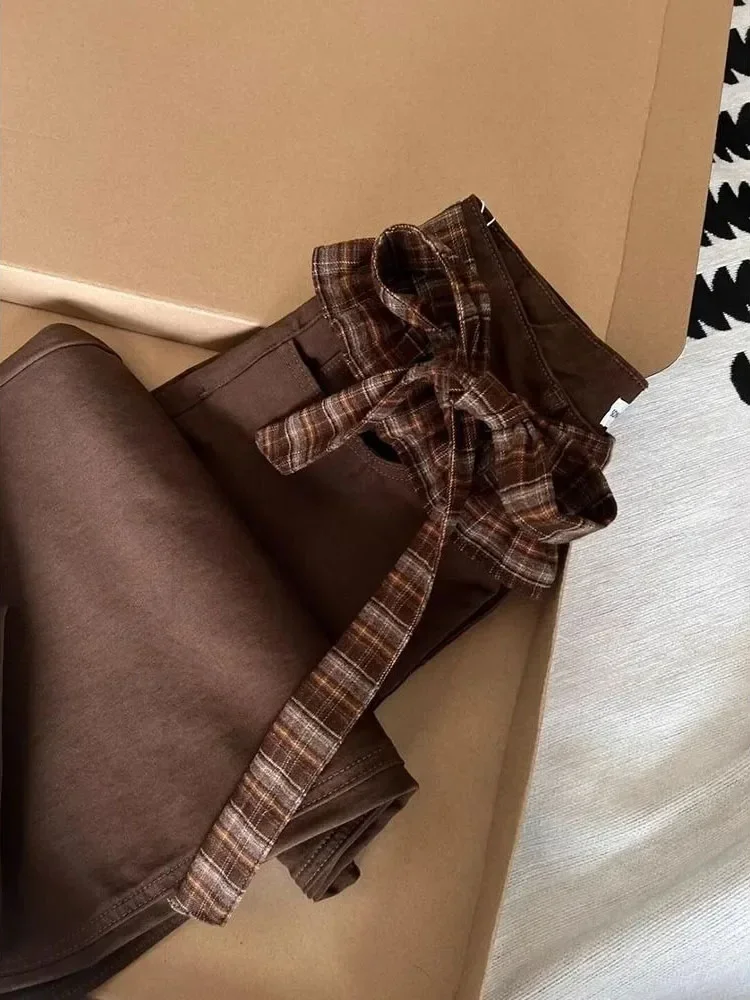 High Waist Denim Mid-length Moda Trousers Bow Lace Up Patchwork Wid Leg Pants Straight Loose All-match Trendy Sweatpants