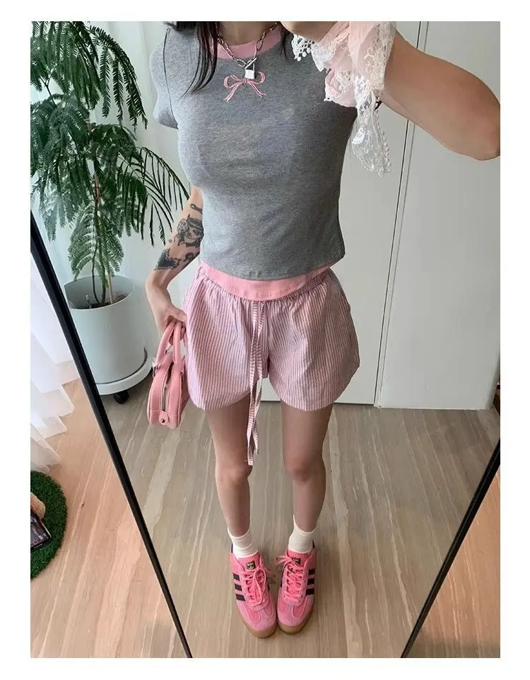 Y2K 스트라이프 반바지 여성용 하라주쿠 블루 박서 반바지 스트라이프 밴딩 반바지 포켓 한국 스타일 비치 반바지