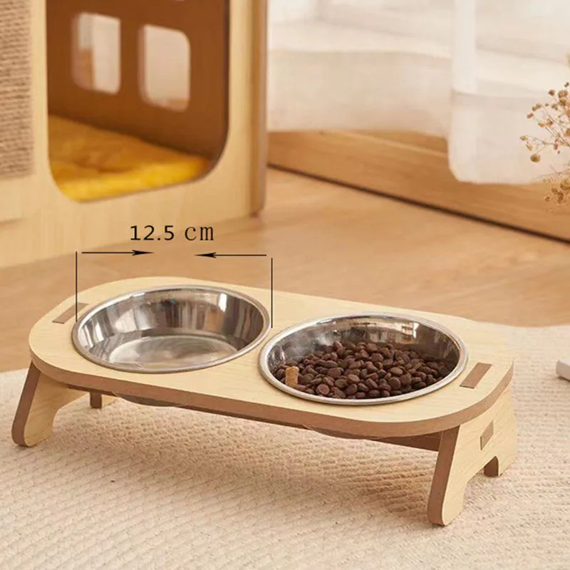 Elevated Pet Bowls Tilted Single/Double Cat Stainless Steel Food Bowls Wooden Dog Water Feeding Container Cat Supplies