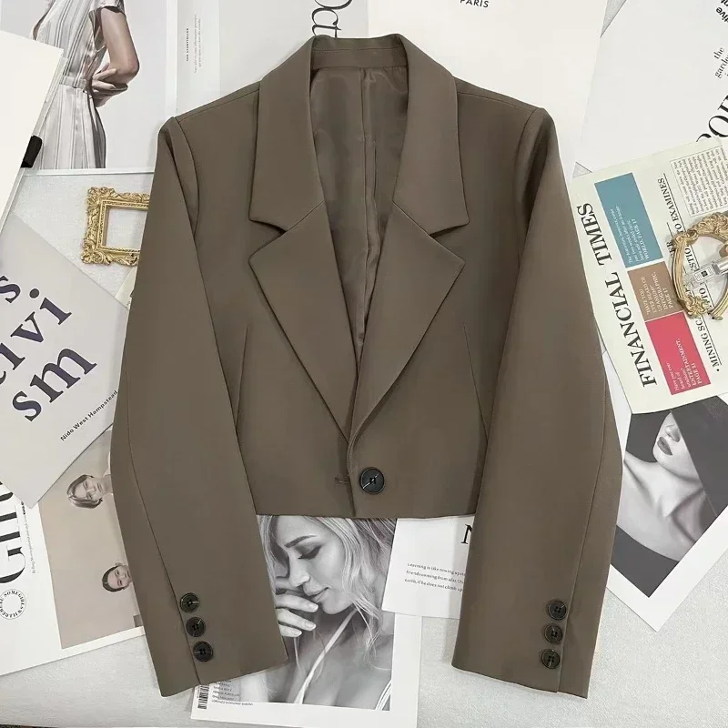 Blazer corto de manga larga para mujer, Chaqueta corta coreana con un solo botón, color blanco, a la moda, para primavera y otoño