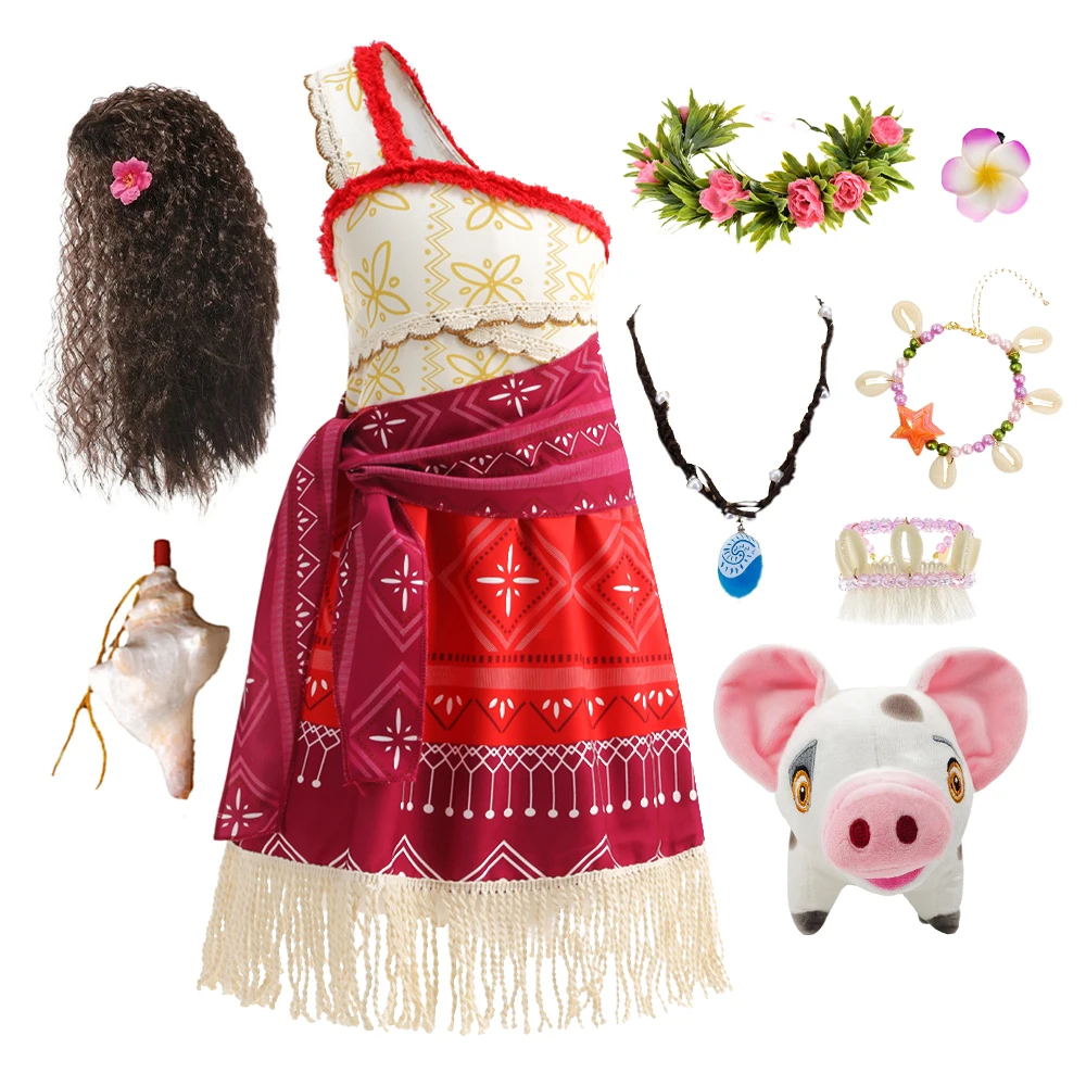 Girl Moana Dress Princess Cosplay Costume for Girl Summer Clothing Hawaii Vaiana Necklace Halloween Carnival Party Suit