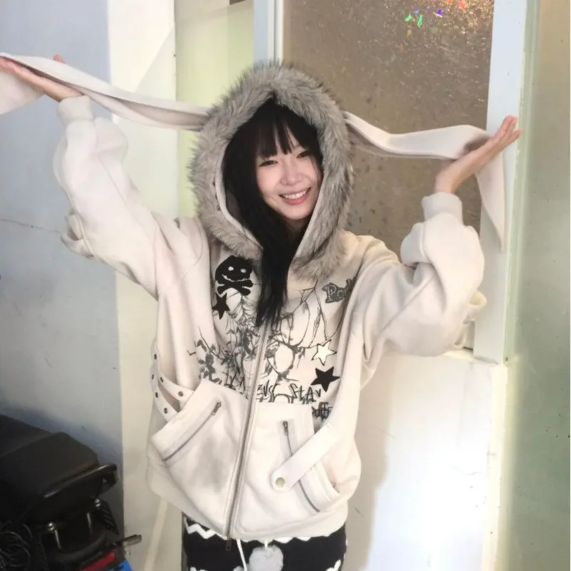 เสื้อฮู้ดดี้ทรงสลิมฟิตสีพื้นสไตล์วินเทจย้อนยุคฮาราจูกุ ปี 2025 พร้อมซิป คอขนเฟอร์ ฮู้ดแบบมีหูกระต่ายสไตล์เกาหลี บุด้วยผ้าพลัฌ