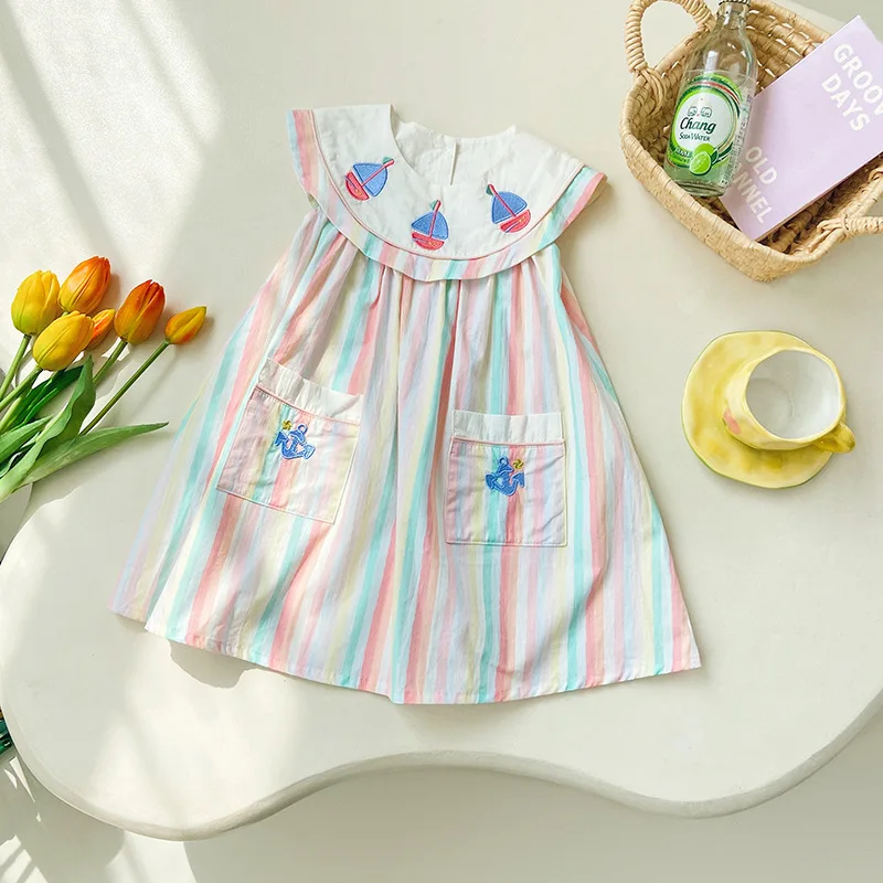 Girls Casual Dresses Sailing Embroidery Stripe Printing O-neck Party Dress Kids 2 To 7 Years Chinese Traditional Dress for Girls