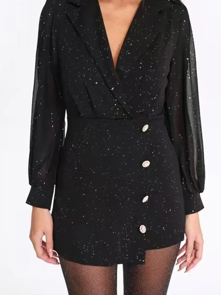 

Casual Shiny Hight Waist Draped Solid Playsuits Elegant Mesh Splicing Short Jumpsuits Fashion Lapel V-neck Button Party Romper