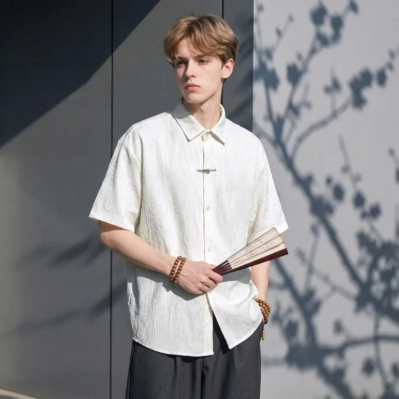 New Chinese-style Plum Blossom Texture Breathable Short-sleeved Shirt Men Summer Chinese Style High-end Metal One-button Casual