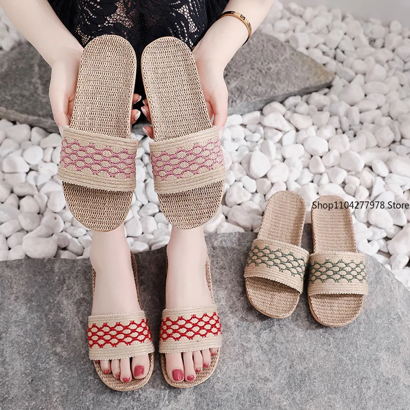 

Summer Cane Slippers Women Women Casual Linen Slides Multi-Style Non-Slip EVA Home Flip Flops Indoor Beach Shoes Female Sandals