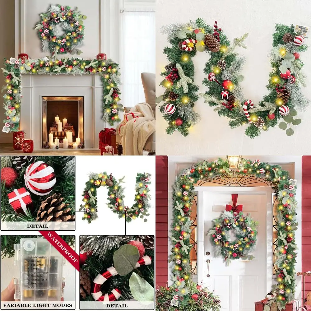 

30 светодиодов на батарейках 72, красно-белая рождественская гирлянда с шариковыми украшениями, троками и эвкалиптом для входной двери и манти