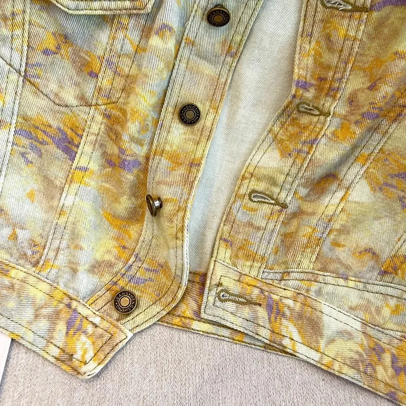 Sommer Vintage Tie-Dye Drucken Dünne Kurze Dünne Denim Weste Frauen Unregelmäßige Revers Einreiher Ärmellose Cowboy Weste Weibliche