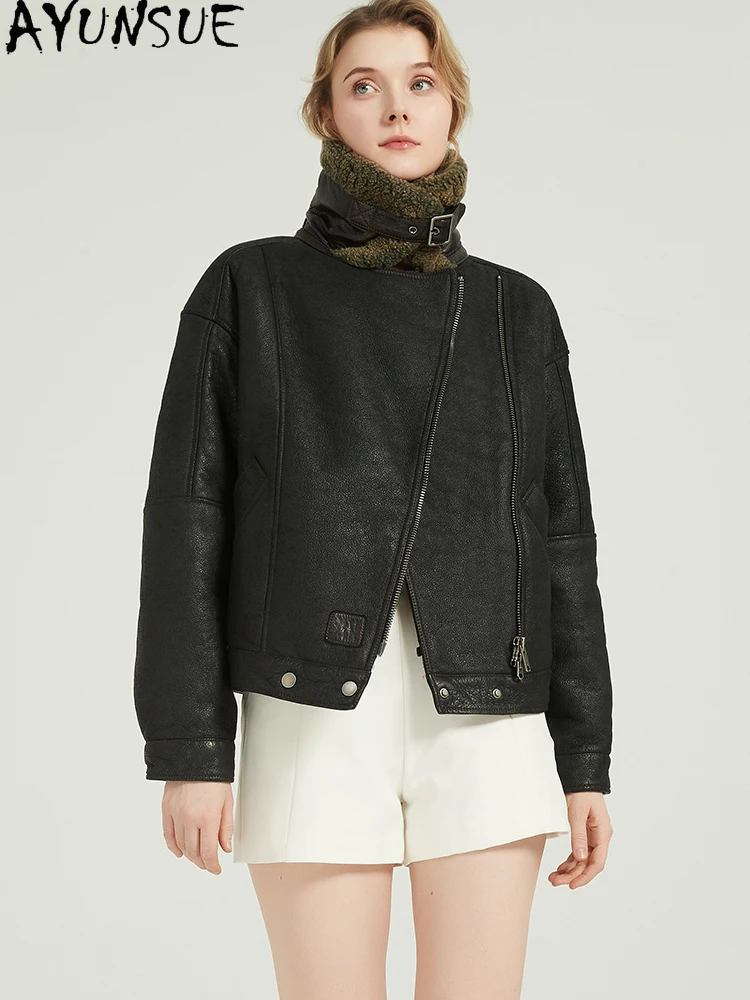AYUNSUE 진짜 양피 모피 코트 진짜 가죽 자켓 여성 내한 오토바이 자켓 여성 겨울 의류 2025 streetwear