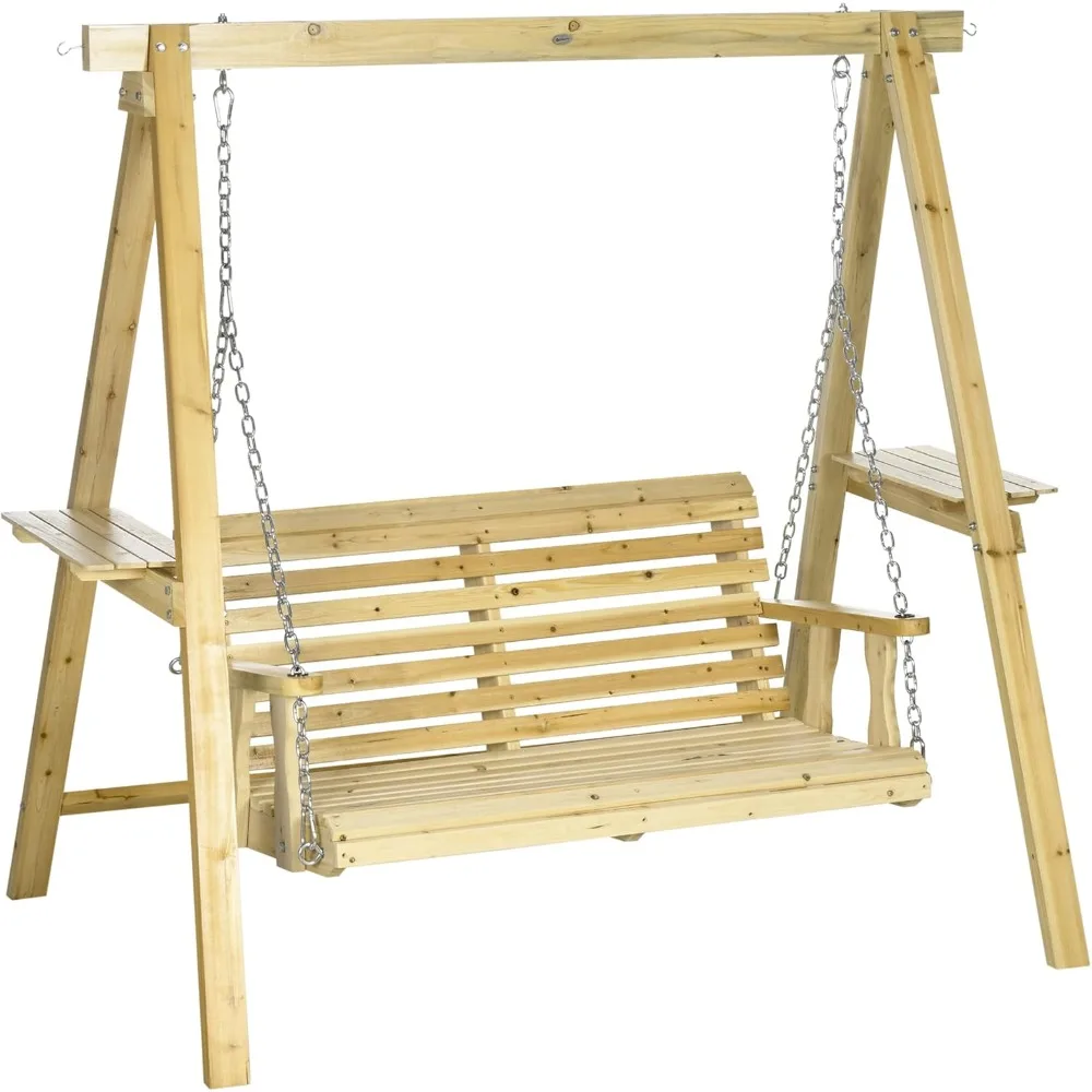

2 Seat Porch Swing with Stand, Wooden Patio Swing Chair with Side Tables and Metal Chains, Outdoor Swing Bench for Garden, Pool