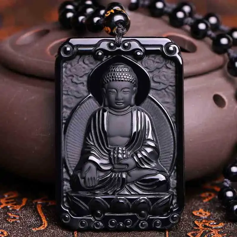 Natural Obsidian Buddha Jade Pendant Jewelry Lucky Exorcise evil spirits Safety Auspicious Amulet Pendant Jade Fine Jewelry