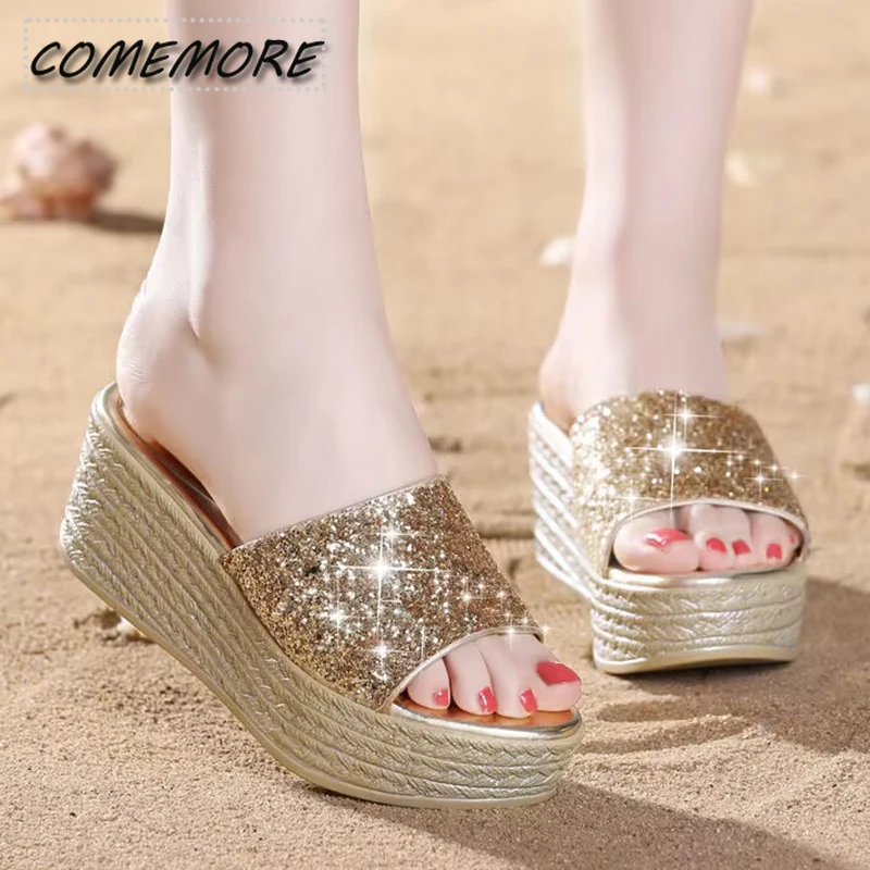 Gold Silver Luxury Sequins Wedges Slippers for Women’s 2024 Summer Open Toe Platform Sandals Woman High Heeled Slides Ladies 40