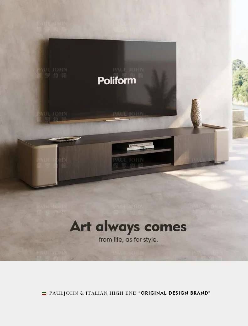TTD06 Solid Wood Coffee Table Light Luxury Saddle Leather Tea Table Minimalist Living Room Tea Table TV Cabinet Combination