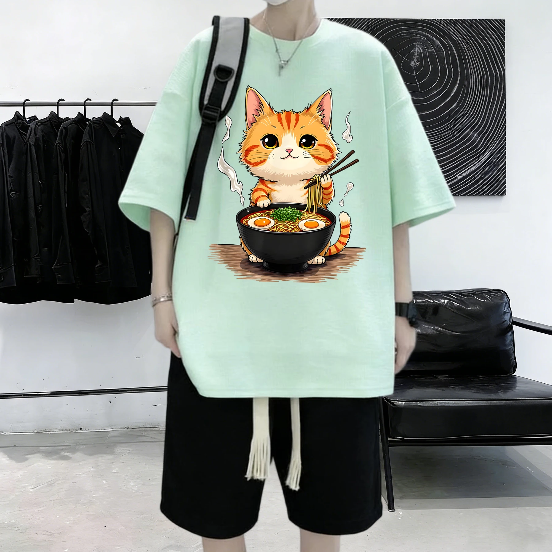 Kitten Who Likes To Eat Lamian Noodles Printing Men'S Summer Cotton Short Sleeve Fashion Street T Shirts Loose Sport Clothes