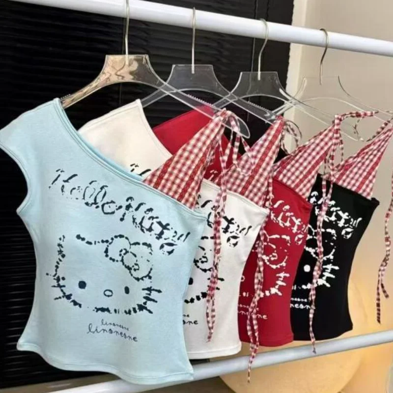 

Женская футболка Sanrio Hello Kitty с открытыми плечами, в стиле пэчворк, новая летняя модель, приталенная, короткая, модная, укороченная, стройнящая