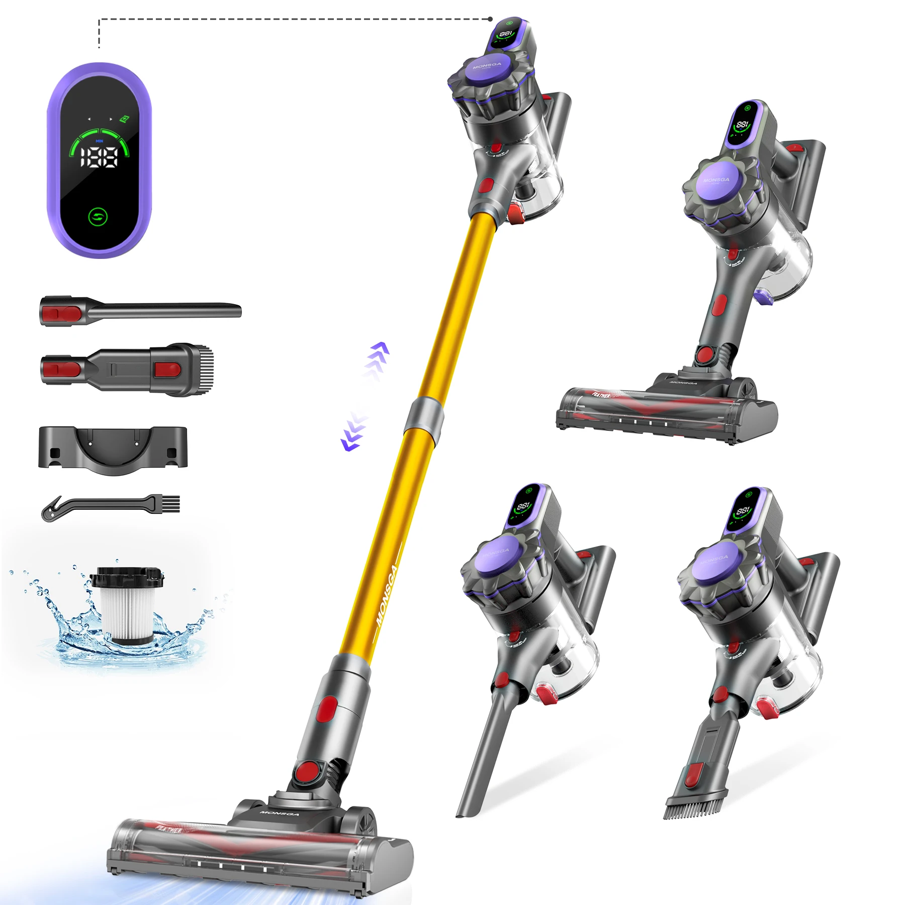 Refurbished Monsga By Erabros MV3 550W Cordless Vacuum Cleaner, 45KPa Strong Suction, Handle Vacuum, 50Mins Runtime Stick Vacuum, Self-Standing Anti-Tangle Brush Lightweight Vacuum for Pet Hair Hard Floor Carpet Car Home Cleaning (Refurbished)