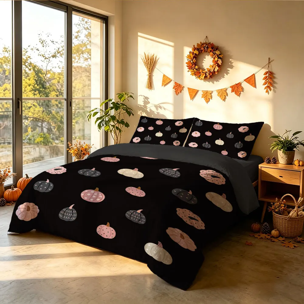 Black Pumpkin Duvet Cover Set 3Pcs, Dark Halloween Bedding, Autumn Print Quilt Cover with Pillowcases, Fall Bedroom Decor